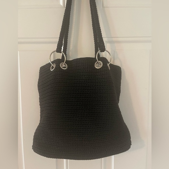 5/$25 Chunky knit crocheted black purse with silver hardware - Picture 2 of 9